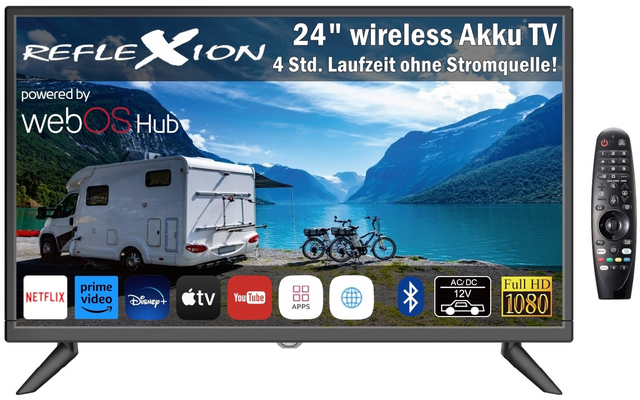 24-Zoll-Fernseher zeigt Wohnmobil an einem See vor Bergen, zwei Fahrräder am Heck, sichtbare Texte 'REFLEXION' und 'webOS Hub', untere App-Symbole (Netflix, Prime Video, Disney+, Apple TV, YouTube) und rechts eine Fernbedienung