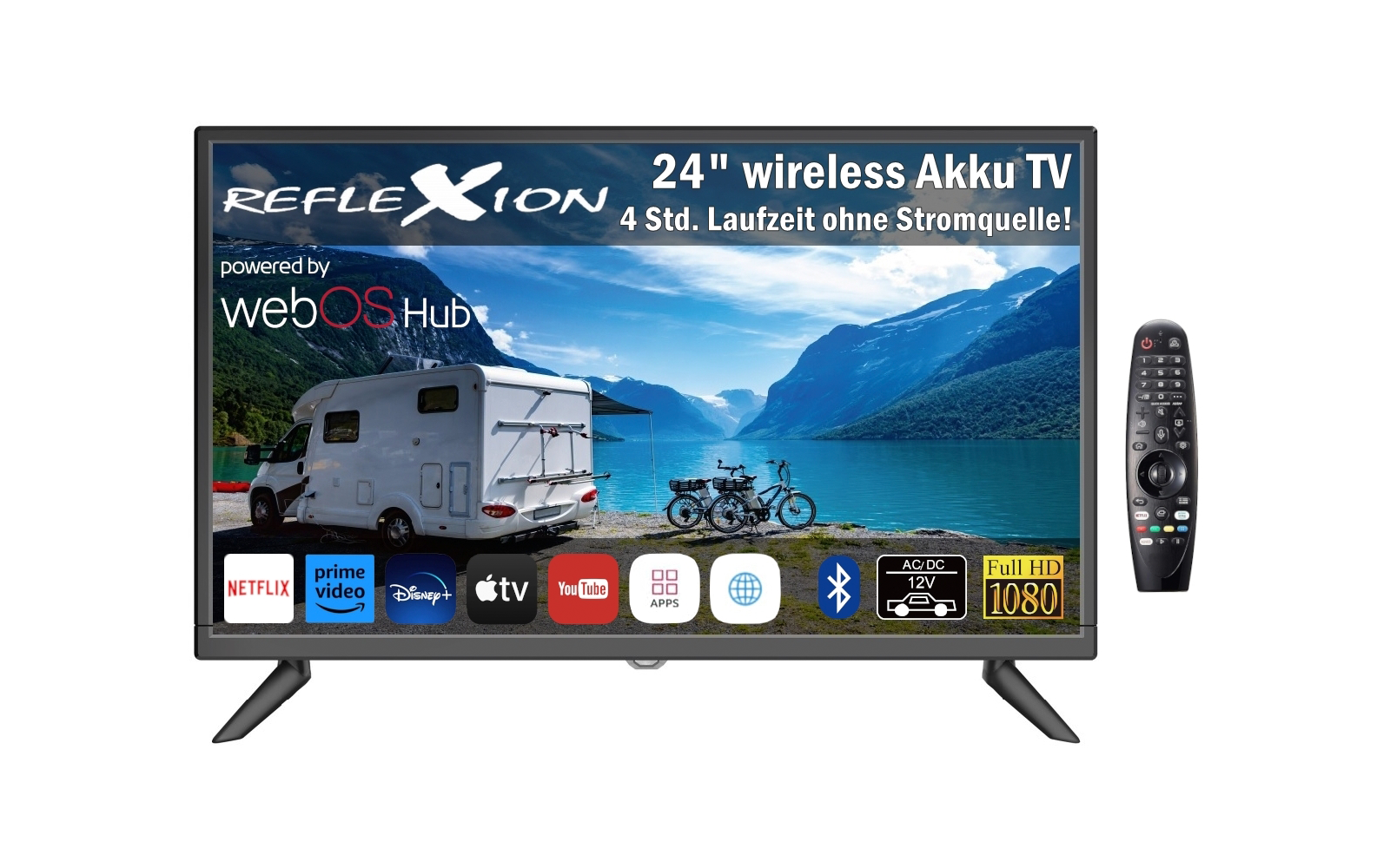 24-Zoll-Fernseher zeigt Wohnmobil an einem See vor Bergen, zwei Fahrräder am Heck, sichtbare Texte 'REFLEXION' und 'webOS Hub', untere App-Symbole (Netflix, Prime Video, Disney+, Apple TV, YouTube) und rechts eine Fernbedienung