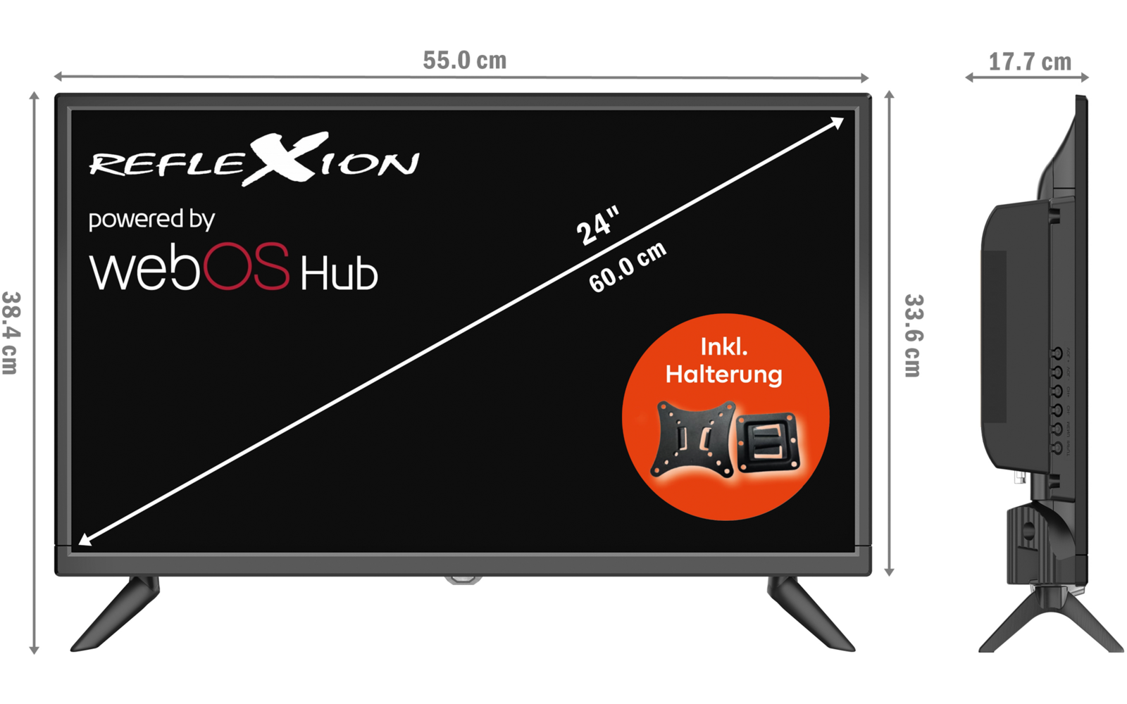 Flacher schwarzer Bildschirm mit zwei Standfüßen; auf dem Display sichtbare Texte 'REFLEXION' und 'powered by webOS Hub', diagonale Markierung '24" 60.9 cm', oranger Kreis mit 'Inkl. Halterung' und Halterungs-Icon; Maße: 55.0 cm (Breite), 38.4 cm (Hö