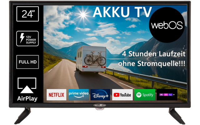 Flacher Fernseher mit Landschaftsbild (Sonne, Wolken, Bergstraße, Wohnmobil mit Fahrrad), großer Schriftzug 'AKKU TV', schwarzer Kreis 'webOS', Text '4 Stunden Laufzeit ohne Stromquelle!!!', linke Symbole '24"', '12V POWER SUPPLY', 'FULL HD', 'AirPla