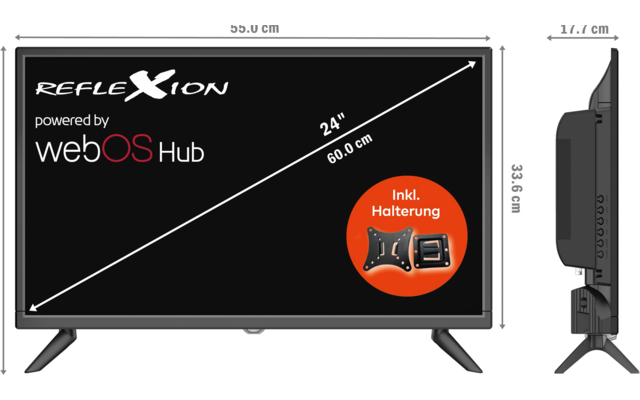 Platte zwarte monitor met twee voetjes; op het scherm zichtbare teksten 'REFLEXION' en 'powered by webOS Hub', diagonale aanduiding '24" 60.9 cm', oranje cirkel met 'Inkl. Halterung' en een bevestigingspictogram; afmetingen: 55.0 cm (breedte), 38.4 cm (hoogte voorkant), 17.7 cm (diepte), 33.6 cm (hoogte zijaanzicht)