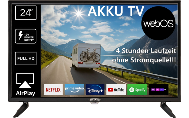 Plat beeldscherm met landschap (zon, wolken, bergweg, camper met fiets), grote tekst 'AKKU TV', zwarte cirkel 'webOS', tekst '4 Stunden Laufzeit ohne Stromquelle!!!', linkse symbolen '24"', '12V POWER SUPPLY', 'FULL HD', 'AirPlay', onderste app-logo's Netflix, prime video, Disney+, YouTube, Spotify