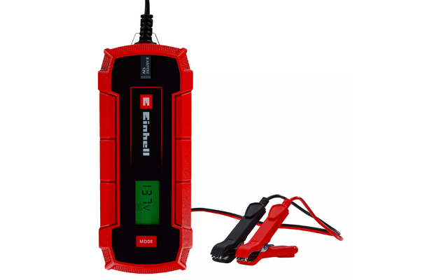 Rood-zwart apparaat met groen verlicht LCD-scherm en twee aangesloten krokodillenklemmen (rood en zwart) aan kabels