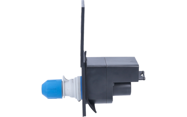 Schwarzes rechteckiges Kunststoffgehäuse mit Montagerand, links weißes eingeschraubtes Teil mit blauer Schutzkappe