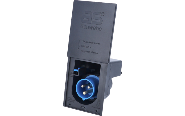 Dunkelgraues Gehäuse mit aufklappbarer Klappe, geprägtem Schriftzug "as schwabe" und kleinem Anleitungstext; darunter eine blaue dreipolige Steckdose mit drei runden Kontakten