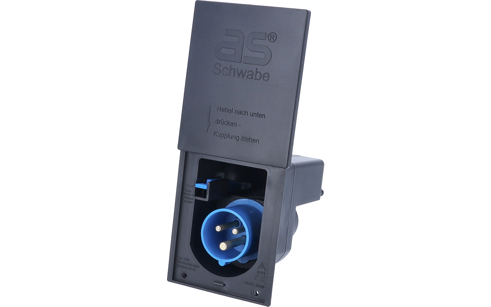 Dunkelgraues Gehäuse mit aufklappbarer Klappe, geprägtem Schriftzug "as schwabe" und kleinem Anleitungstext; darunter eine blaue dreipolige Steckdose mit drei runden Kontakten