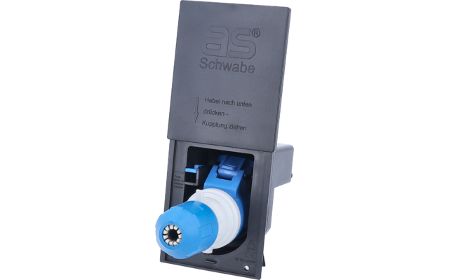 Dunkelgraues Kunststoffgehäuse mit Prägung 'as Schwabe' und dem Text 'Hebel nach unten drücken - Kupplung ziehen', geöffnet, zeigt einen blau-weißen zylindrischen Steckverbinder mit sichtbaren Metallkontakten
