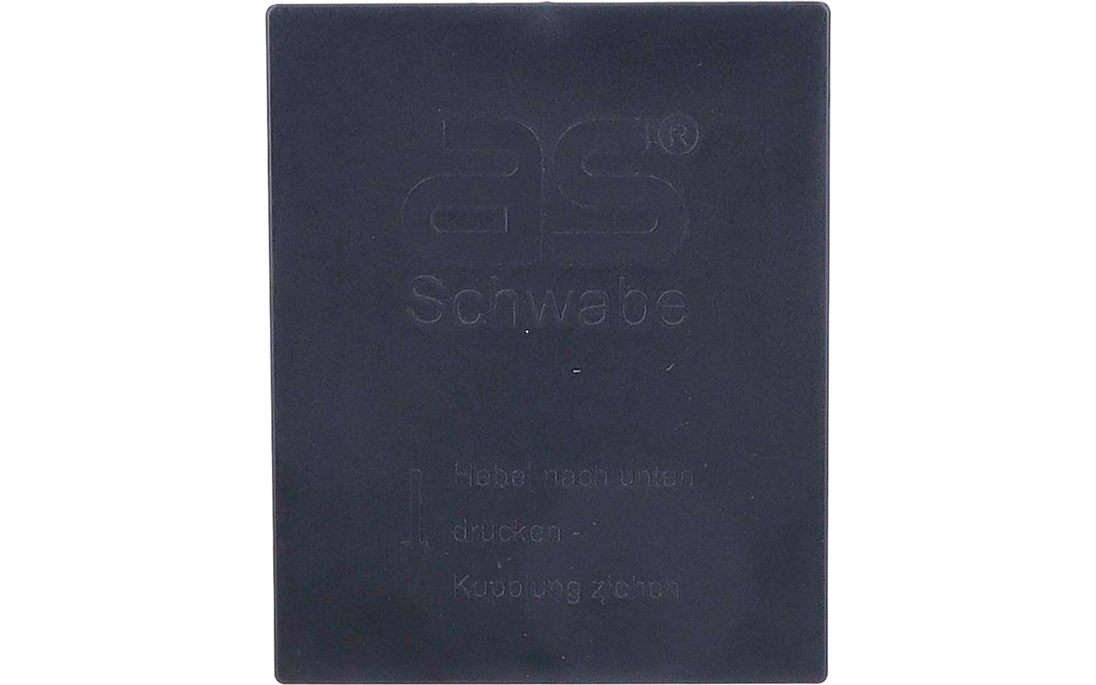 Schwarzes rechteckiges Kunststoffgehäuse mit geprägtem Schriftzug "as Schwabe" und kleinem geprägtem Text darunter