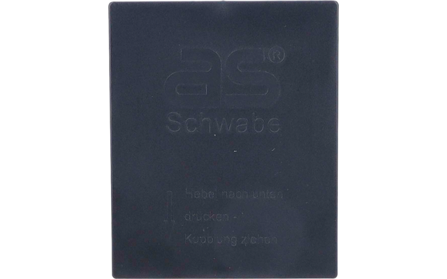 Schwarzes rechteckiges Kunststoffgehäuse mit geprägtem Schriftzug "as Schwabe" und kleinem geprägtem Text darunter