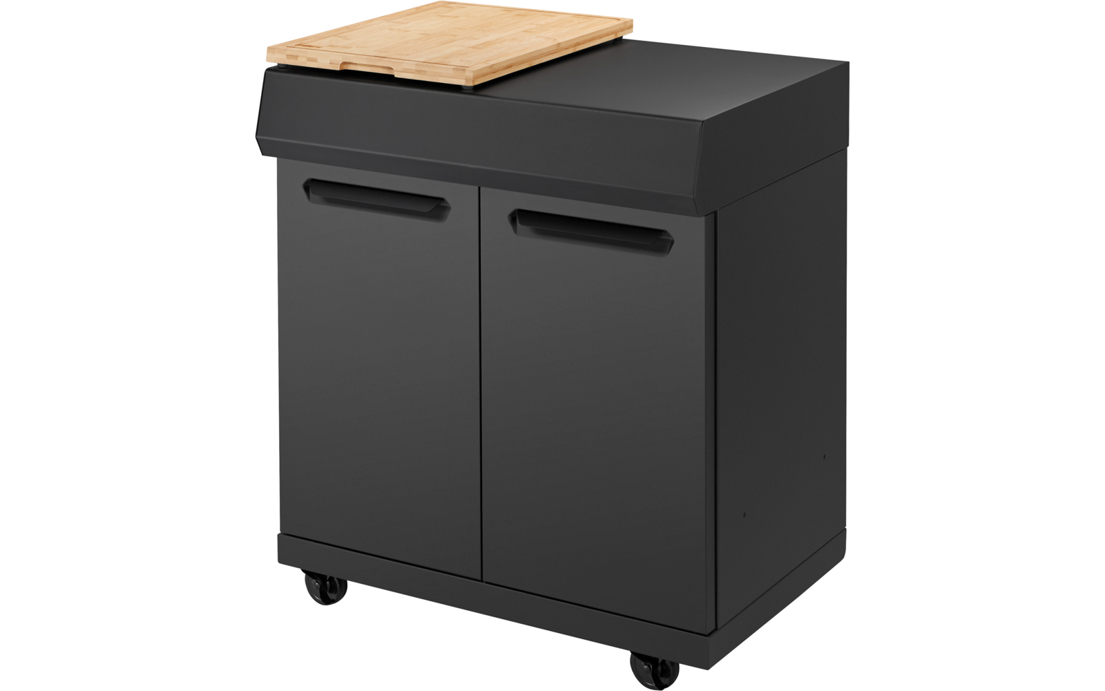 Schwarzer Schrank auf Rollen mit zwei Türen, eingelassenen Griffen und einem Holz-Schneidebrett links oben