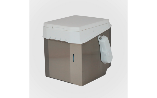 Rechteckiges hellbeiges Kunststoffgehäuse mit weißem Deckel, seitlich hängt ein weißer Beutel, vorn schmale blaue Sichtöffnung, freigestellt vor hellem Hintergrund