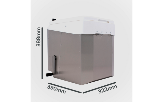 Rechteckiger Metallkasten mit weißer Oberseite und schwarzem seitlichem Handgriff; Maßangaben: 388 mm Höhe, 390 mm Tiefe, 322 mm Breite