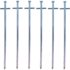 Six metal stakes with T-shaped heads and pointed ends, side by side on a white background