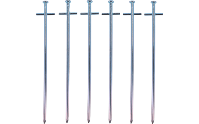 Six metal stakes with T-shaped heads and pointed ends, side by side on a white background