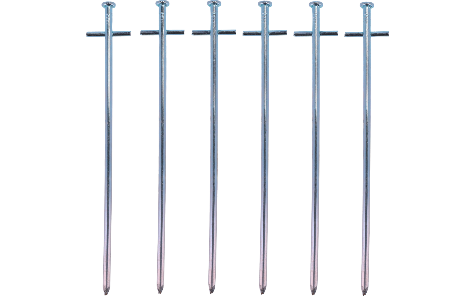 Six metal stakes with T-shaped heads and pointed ends, side by side on a white background