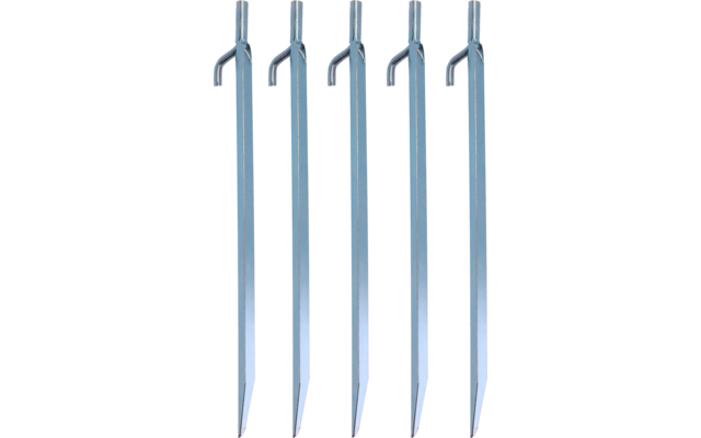 Five metal stakes standing side by side, each with a hooked top and a tapered pointed bottom