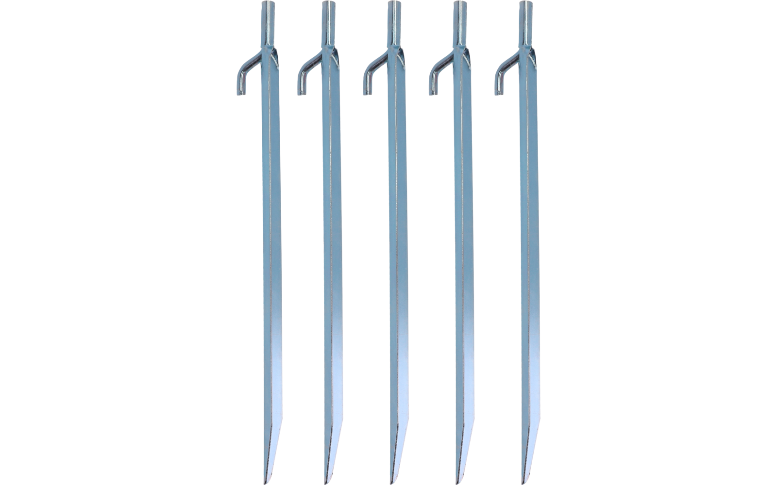 Five metal stakes standing side by side, each with a hooked top and a tapered pointed bottom