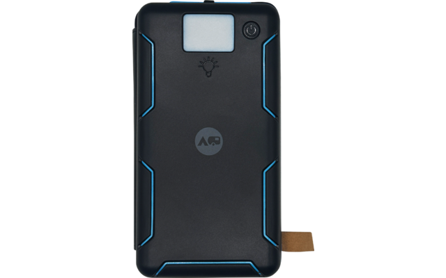 Schwarzes, rechteckiges Gerät mit abgerundeten Ecken, blauen Linien an den Rändern, kleinem rechteckigem Display oben, runder Taste mit Ein-/Aus-Symbol rechts neben dem Display, Glühbirnen-Symbol unter dem Display, rundes graues Logo in der Mitte und