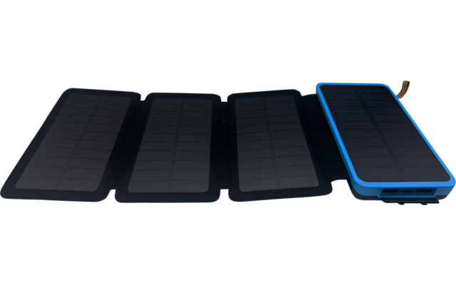 Vier verbundene dunkle rechteckige Paneele mit sichtbarer Zellstruktur; rechts ein blaueingefasstes rechteckiges Modul mit kleiner Schlaufe; weißer Hintergrund