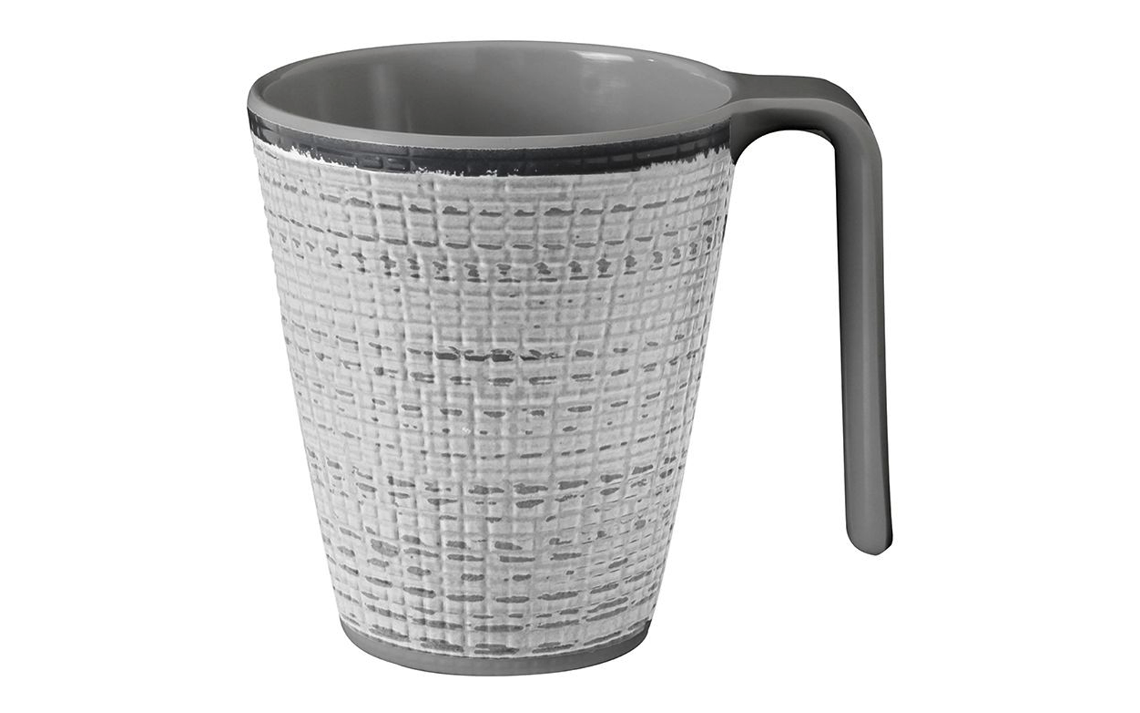 Konischer weiß-grauer Becher mit außen gitterartigem, gewebt wirkendem Muster, grauem Henkel und grauem Innenrand