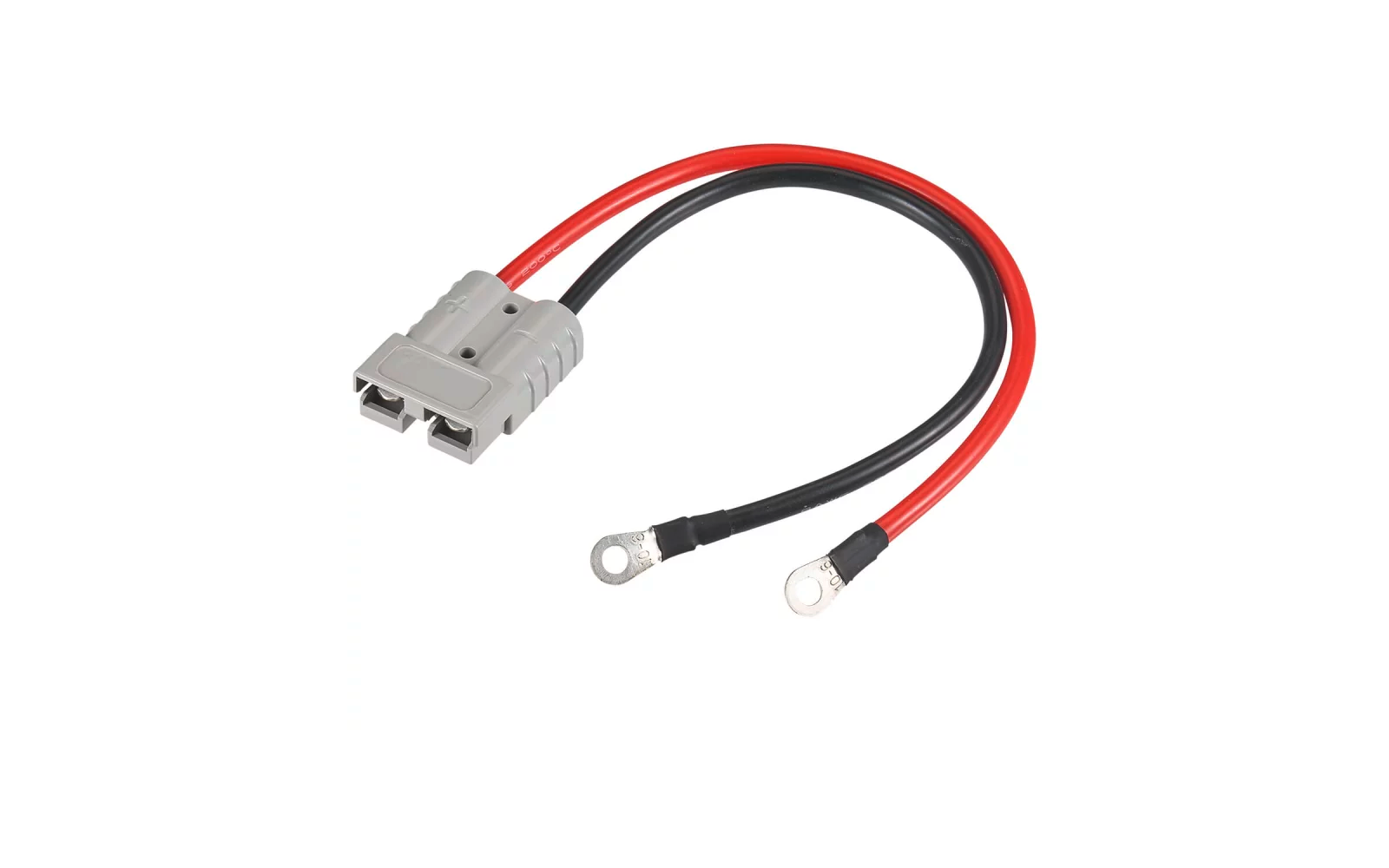 Grauer Steckverbinder mit zwei rechteckigen Buchsen, daran ein rotes und ein schwarzes Kabel, jeweils mit Metall-Ringöse an den Enden
