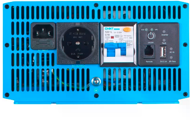 Rückseite eines blauen elektronischen Geräts mit Steckdose, Anschlüssen und Schaltern