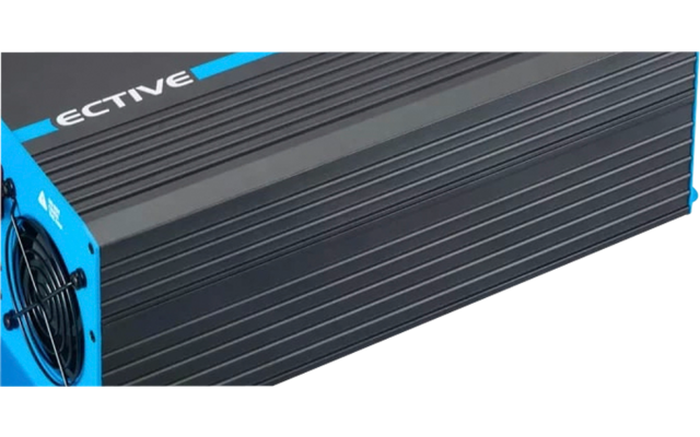 Onduleur noir et bleu avec connecteurs et étiquettes