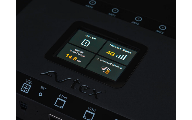 Schwarzes Netzwerkgerät mit kleinem Farbdisplay, das 4G-Signalbalken, 'O2 - UK', 'Network Status', 'Mobile Data Usage 14.8 MB' und beschriftete Ethernet-Ports zeigt