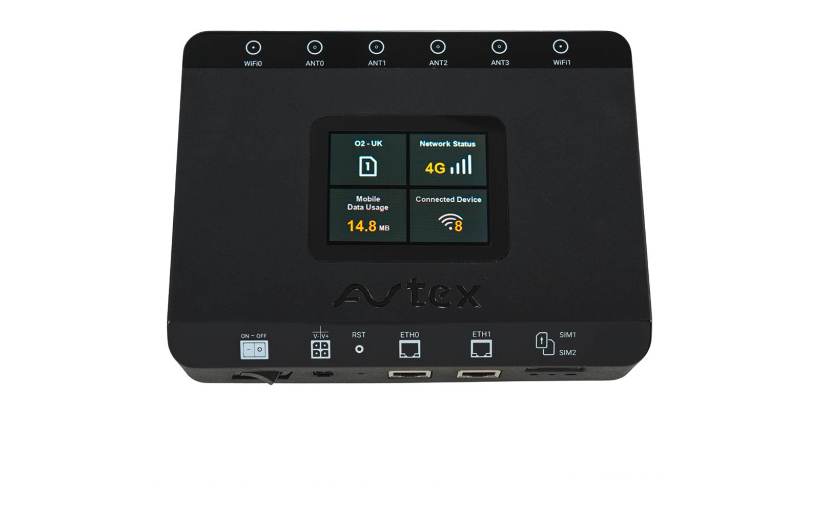 Schwarzes rechteckiges Gerät auf weißem Hintergrund, zentrales quadratisches Farbdisplay zeigt O2 - UK, Network Status, 4G, Signalbalken, Mobile Data Usage 14.8 MB, Connected Device und WLAN-Symbol mit 8. Oben Reihe von Kreissymbolen mit Beschriftung