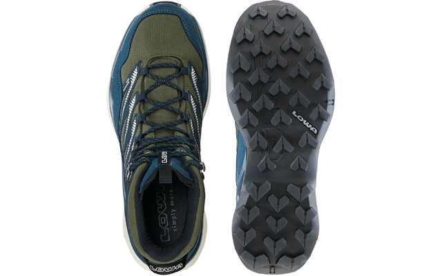 Ein Schuh von oben, daneben die Schuhsohle. Obermaterial olivgrün mit blauen Elementen, schwarze profilierte Sohle, Schnürsenkel, Markenaufdruck 'LOWA'