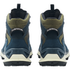Rückansicht eines blauen Schuhpaars mit olivgrünem Schaft, schwarzer Innenfütterung, weißer Sohle und 'LOWA'-Logo auf den Fersen