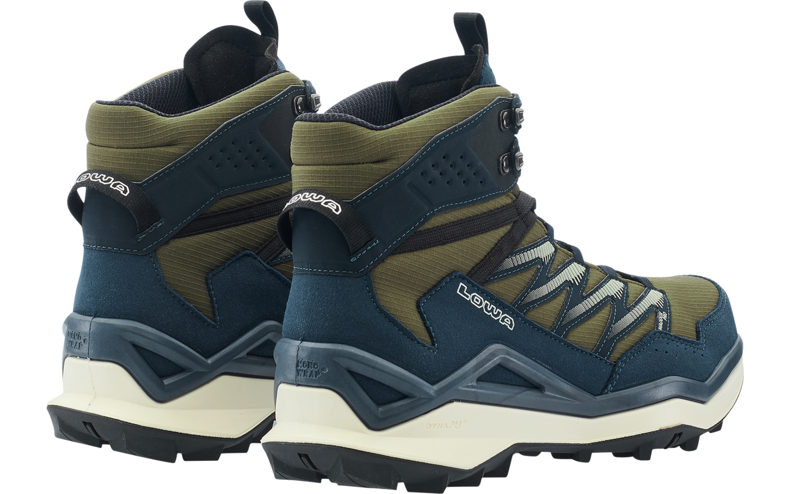 Coppia di scarpe da trekking alte alla caviglia verde oliva e blu scuro con lacci, tallone rinforzato, suole scolpite robuste e logo 'Lowa' visibile