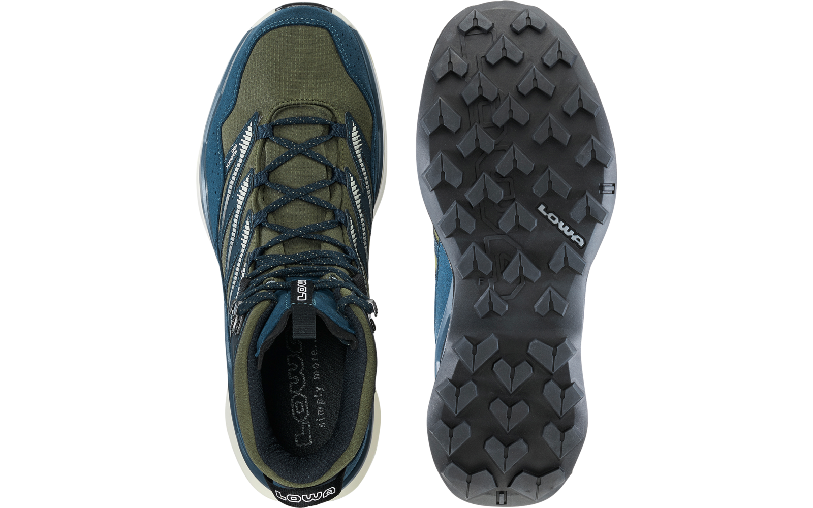 Una scarpa vista dall'alto e accanto la suola. Tomaia verde oliva con inserti blu, suola nera scolpita, lacci, scritta 'LOWA' visibile