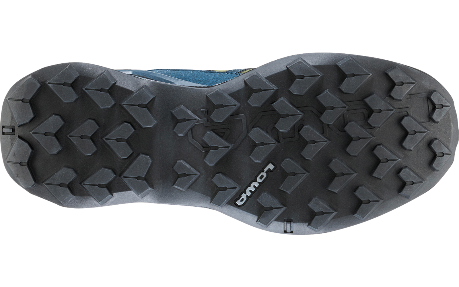 Suola di scarpa con battistrada pronunciato, suola esterna in gomma nera e bordo superiore blu