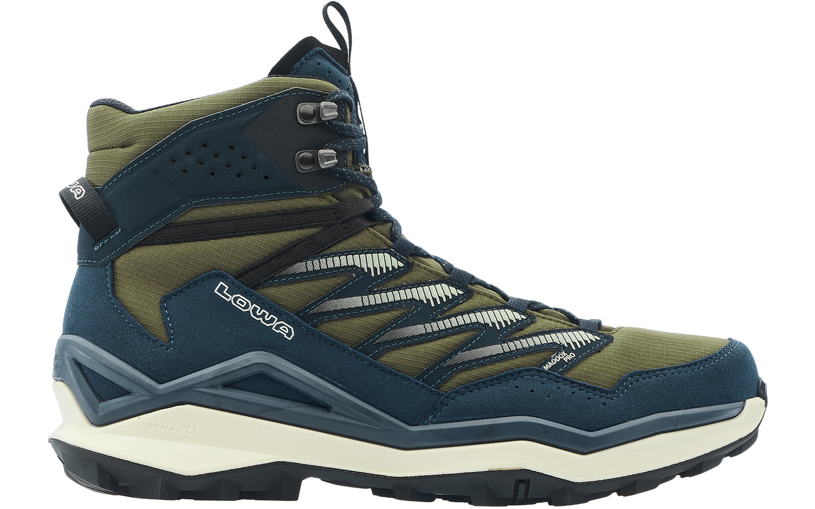 Seitliche Ansicht eines knöchelhohen Wanderschuhs in Olivgrün und Dunkelblau mit Schnürsenkeln, Metallösen, 'LOWA'-Logo und profilierter Gummisohle