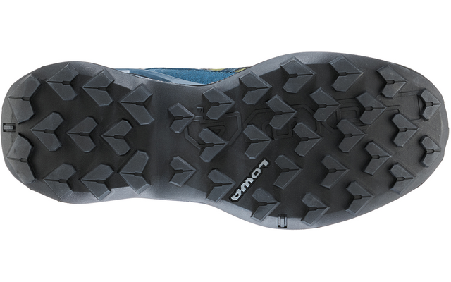 Schuhsohle mit grobem Profil, schwarze Gummilaufsohle und oberer blauer Schuhrand