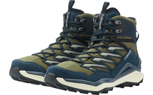 Coppia di scarpe alte alla caviglia con lacci, verde oliva e blu scuro, suole bianche e strisce laterali chiare