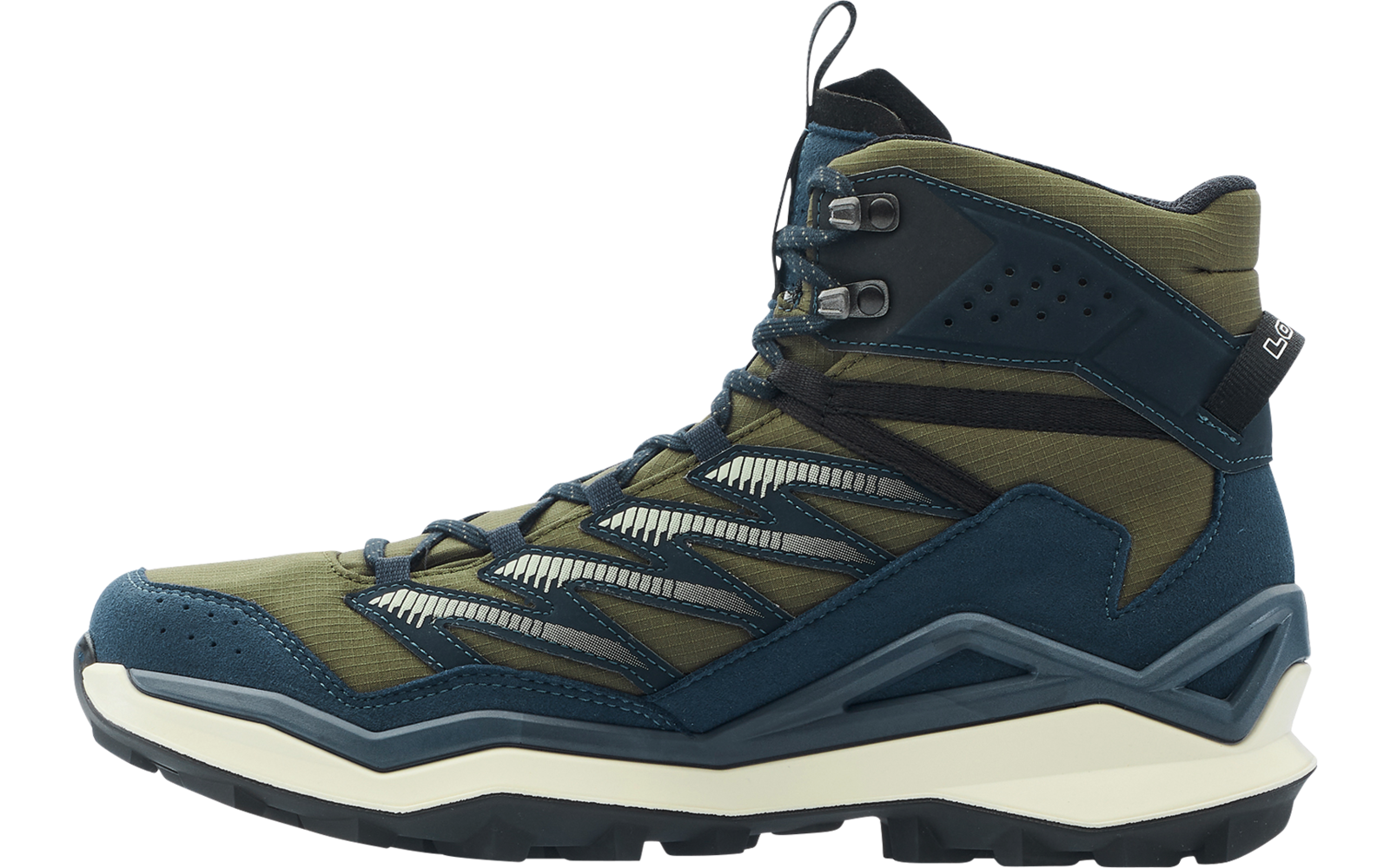 Vista laterale di uno stivale alto stringato in verde oliva e blu scuro, con asola posteriore, occhielli metallici, lacci visibili e suola in gomma scolpita