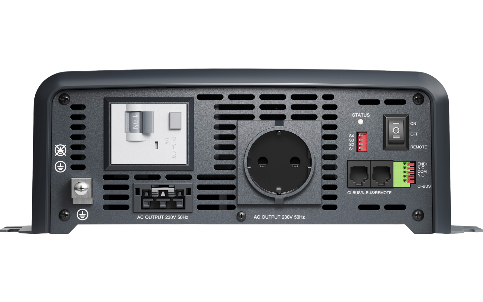 Rückseite eines grauen elektronischen Geräts mit Lüftungsöffnungen, einer runden Netzsteckdose in der Mitte, links ein weißes Modul mit Schaltern und Anschlüssen, darunter mehrere kleine rechteckige Buchsen, rechts rote und grüne Steckklemmen, ein Ei