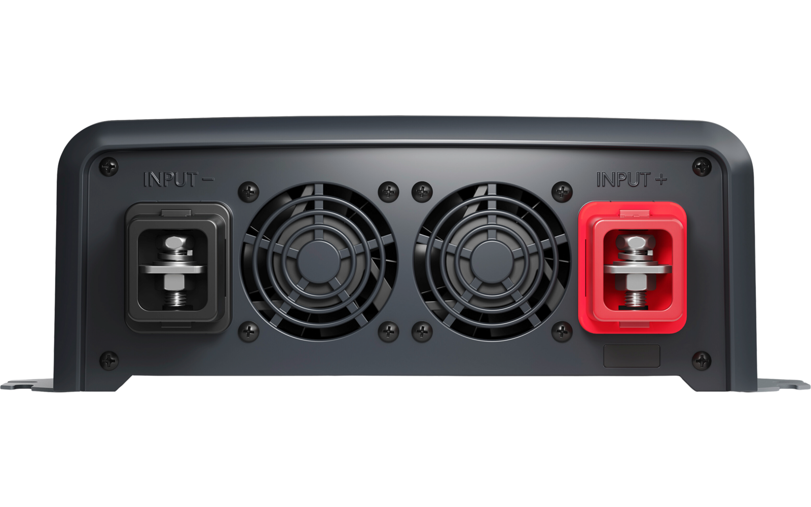 Rückansicht eines schwarzen Geräts mit zwei runden Lüftern in der Mitte und zwei Anschlussklemmen links schwarz mit Minuszeichen und rechts rot mit Pluszeichen auf weißem Hintergrund