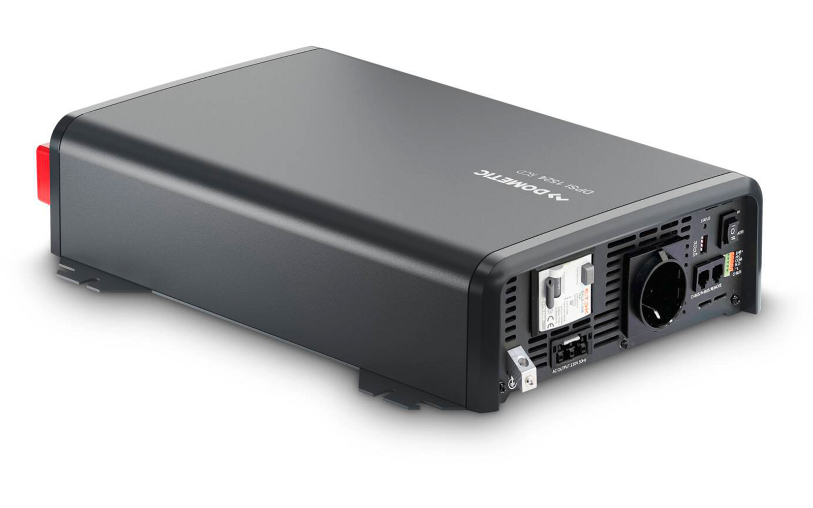 Schwarzes elektronisches Gerät mit Lüfter und Anschlüssen