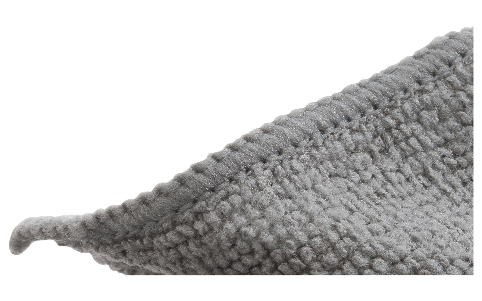 Graues, strukturiertes Textilstück mit Schlaufenmuster, eine Ecke sichtbar auf weißem Hintergrund