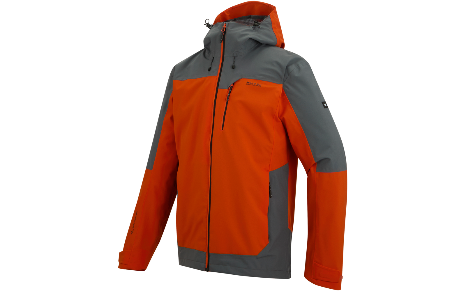 Orangene und graue Outdoor-Jacke mit Kapuze, durchgehendem Reißverschluss vorne und Brusttasche