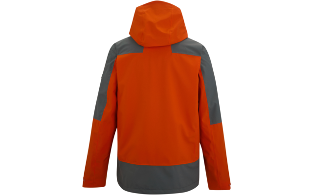 Rückenansicht einer orange-grauen Jacke mit Kapuze