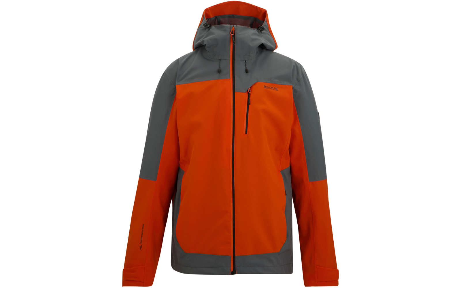 Vordere Ansicht einer orange-grauen Kapuzenjacke mit durchgehendem Reißverschluss, einer Brusttasche mit Reißverschluss, seitlichen Taschen, Kapuze und langen Ärmeln