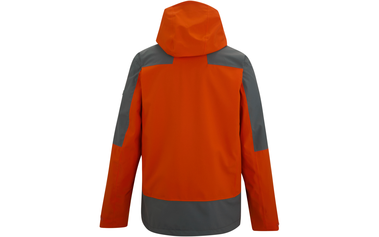 Rückenansicht einer orange-grauen Jacke mit Kapuze