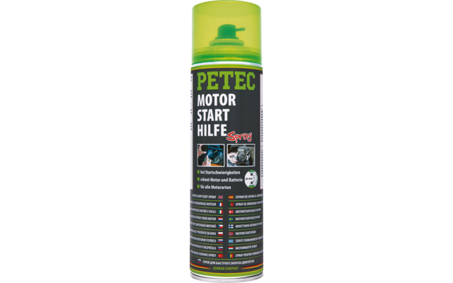 Grüne Spraydose mit gelbem Deckel und schwarzem Etikett mit großer Aufschrift 'PETEC MOTOR START HILFE Spray'