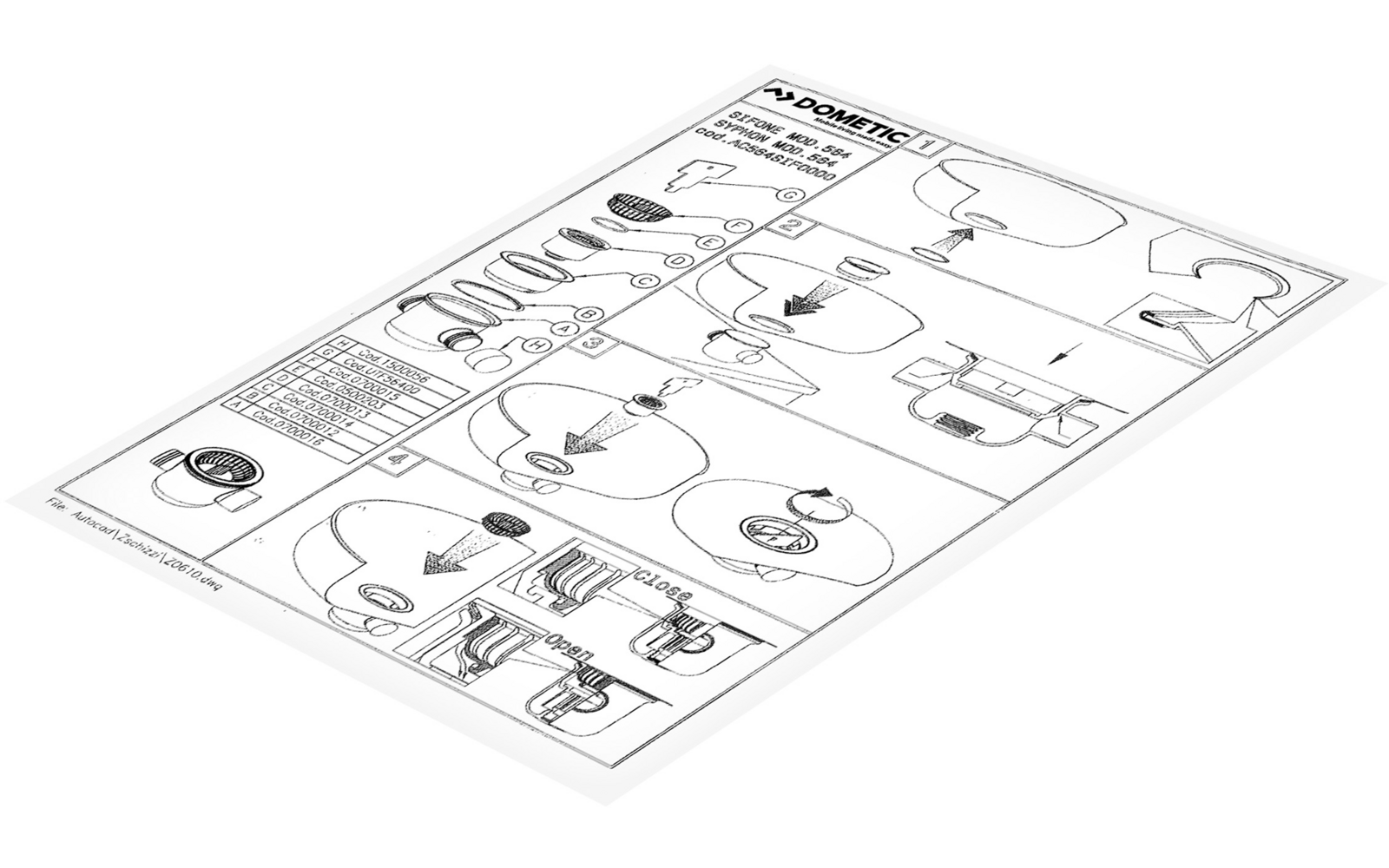 Feuille en noir et blanc inclinée avec plusieurs diagrammes rectangulaires en grille; chaque diagramme montre des dessins techniques en lignes avec flèches, cercles, petits composants et lignes de connexion