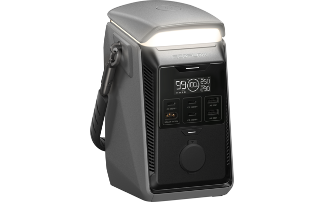 Grijs draagbaar elektronisch apparaat met handvat aan de zijkant, ingeschakelde LED-lamp bovenop, frontaal digitaal display met cijfers en symbolen en meerdere aansluitingen en knoppen