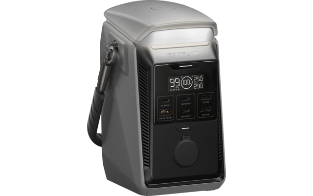 Grijs-metallic rechthoekig apparaat met draagriem, bovenaan LED-licht, voorkant met digitaal display, knoppen, aansluitingen en draaiknop